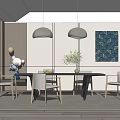 Modern Dining Room Interior with Table Chairs Gray Pendant Lights Blue Geometric Art and Plants