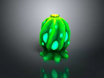 Green Cactus Plant With Blue Spots Yellow Top And Shiny Surface On Dark Background 3d model