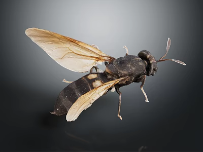 Close Up View Of Insect With Transparent Wings And Dark Striped Body 3d model