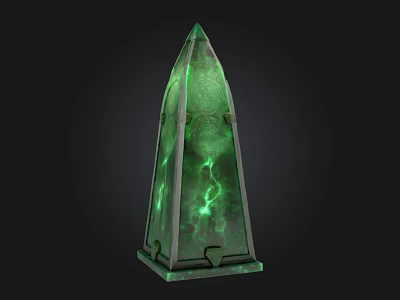 Futuristic Green Glowing Spire Architecture With Metal Frame And Intricate Design Details 3d model