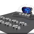 Quantum Theater Stage With Geometric Structure Blue Lighting And Seats Arrangement