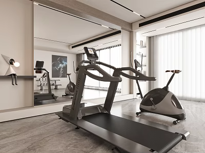 Modern Home Gym Setup With Treadmill Exercise Bike And Large Mirror Design 3d model