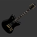 Sleek Black Electric Guitar with Wooden Grain Texture and Artistic Inlays