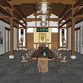 Chinese Style Living Room Interior With Wooden Long Table Chairs Chandelier And Paintings