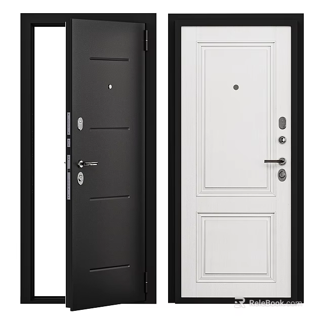 Black and White Hinged Doors With Contemporary Panel Design For Home Entrance 3d model 