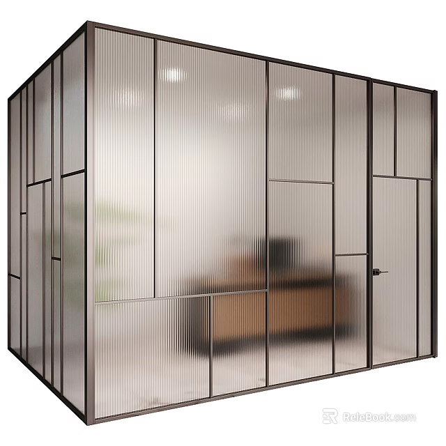 Modern Stylish Frosted Glass Partition With Black Frame For Interior Space 3d model 
