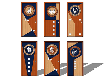 Blue And Brown Swing Doors With Circular Emblems And Geometric Patterns 3d model