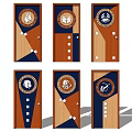 Blue And Brown Swing Doors With Circular Emblems And Geometric Patterns