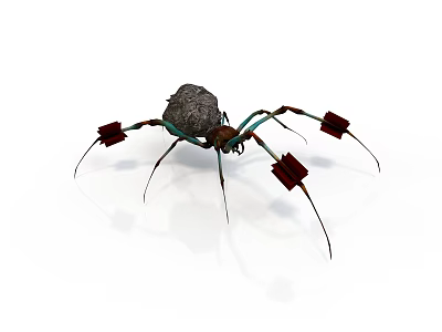 Mechanical Spider Device with Long Legs and Red Square Ends and Stone Like Metallic Body 3d model