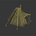 Traditional Conical Canvas Tent With Awning And Wooden Support Poles For Camping Shelter