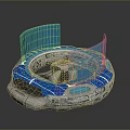 Blue Circular Device With Transparent Panels Flame Symbol And Wrench Icon On Silver Base