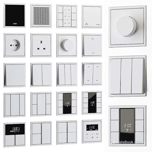 Modern White Switch Panels Featuring Various Designs Knobs And Digital Display Functions 3d model 
