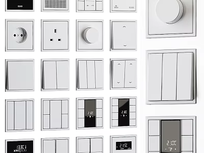 Modern White Switch Panels Featuring Various Designs Knobs And Digital Display Functions 3d model