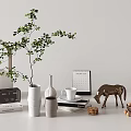 Stylish Decorative Ornament Set with Green Plant Vases Calendar Clock Horse Figurine and Wooden Bowl