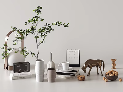Stylish Decorative Ornament Set with Green Plant Vases Calendar Clock Horse Figurine and Wooden Bowl 3d model