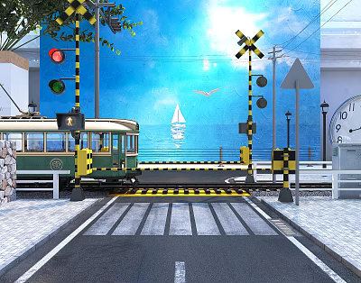 Green Tram Passing Railroad Crossing with Traffic Lights Blue Sky and Sea Sailboat 3d model
