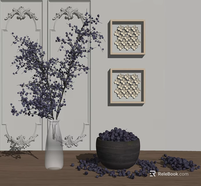 White Vase with Purple Berry Branches on Wooden Tabletop and Decorative Wall with Geometric Frames 3d model 