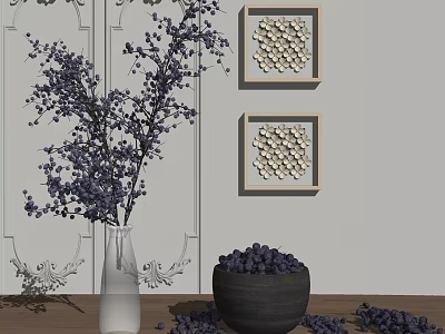 White Vase with Purple Berry Branches on Wooden Tabletop and Decorative Wall with Geometric Frames 3d model