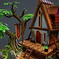 Cartoon Treehouse Scene With Wooden Structure Big Trees Stone Stairs And Green Plants