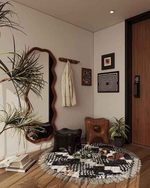 Stylish Entryway With Wavy Mirror Coat Rack Knitted Sweater Artworks Wooden Stool And Green Plants 3d model 