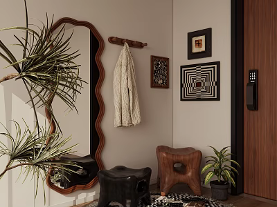 Stylish Entryway With Wavy Mirror Coat Rack Knitted Sweater Artworks Wooden Stool And Green Plants 3d model