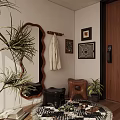 Stylish Entryway With Wavy Mirror Coat Rack Knitted Sweater Artworks Wooden Stool And Green Plants