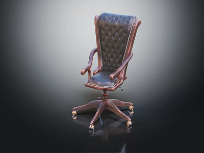 Luxury Leather Office Chair With Tufted Back Wooden Armrests And Metal Casters 3d model