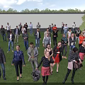 A Group of People Standing On Green Grass Field With Background Wall And Trees