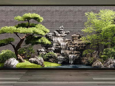 Tranquil Indoor Landscape With Rockery Waterfall Pine Tree Bamboo Stones Greenery And Gray Brick Wall 3d model