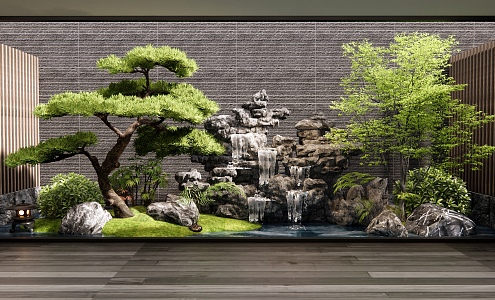 New Chinese-style rockery waterscape courtyard landscape sketch stone pine plant combination indoor landscape landscaping 3d model