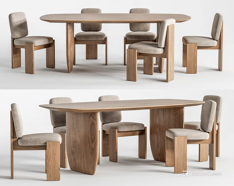 Modern Wooden Dining Table Set With Round Rectangular Tops And Upholstered Chairs 3d model