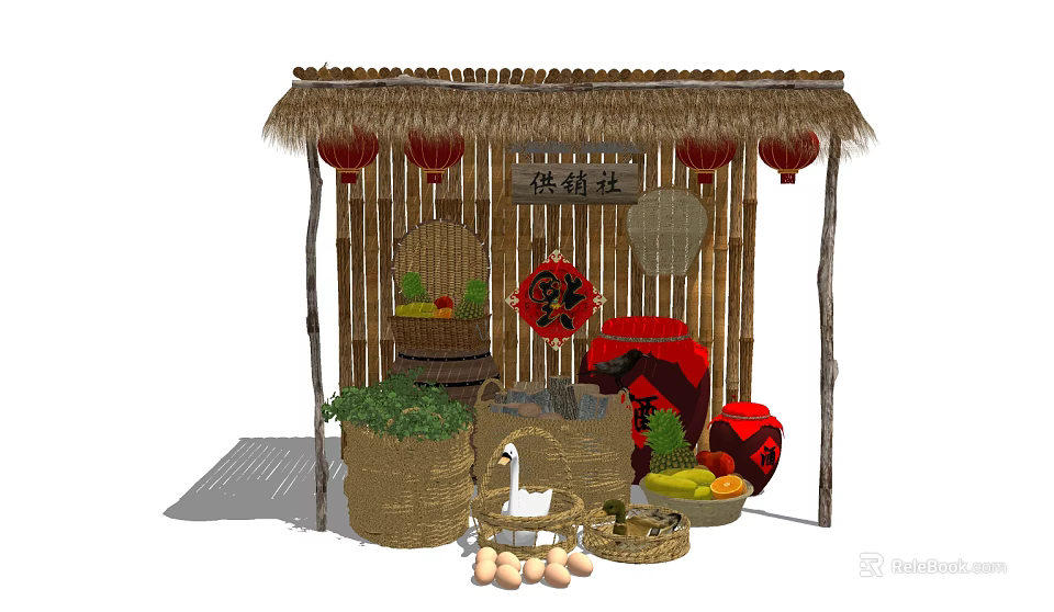 Traditional Garden Decor Featuring Bamboo Structure Thatched Roof Red Lanterns Wicker Baskets Vegetables Fruits Eggs 3d model 
