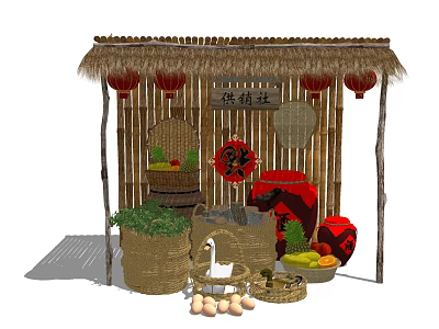 Traditional Garden Decor Featuring Bamboo Structure Thatched Roof Red Lanterns Wicker Baskets Vegetables Fruits Eggs 3d model