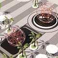 Illuminated Spherical Wireframe Sculptures With Palm Trees In Outdoor Twilight Sky
