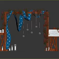 Wedding Arch With Red Flowers Blue Polka Dot Fabric Candle Holders Easel Transparent Spherical Decorations