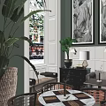 Elegant Restaurant with Large Black and White Botanical Paintings Green Walls White Wainscoting Rattan Furniture