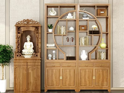 Traditional Chinese Wooden Display Cabinet With Circular Design Porcelain Ornaments And Books 3d model