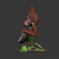 Cartoon Monkey Game Movie Character in Red Overalls Sitting with Banjo on Green Leaves