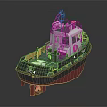 Tugboat Water Vessel with Black Red Hull White Superstructure Green Deck Railings and TUG Marking