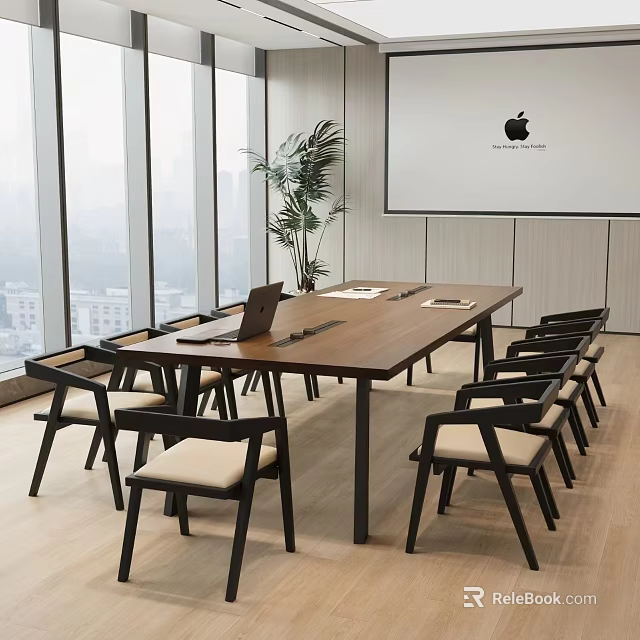 Modern Conference Room Interior With Wooden Table Chairs Projection Screen Potted Plant And City View 3d model 