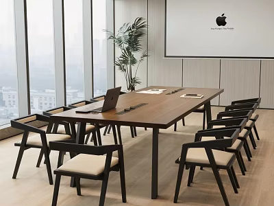 Modern Conference Room Interior With Wooden Table Chairs Projection Screen Potted Plant And City View 3d model