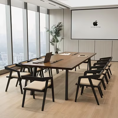 Modern Conference Room Interior With Wooden Table Chairs Projection Screen Potted Plant And City View 3d model