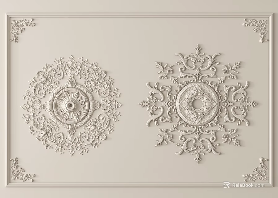 Intricate Ceiling Ornate Carvings With Circular Plaster Patterns And Decorative Borders 3d model