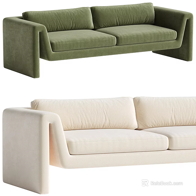 Two Seater Modern Sofa in Green and Cream Velvet with Sleek Comfortable Design 3d model 