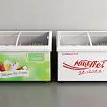 Double Commercial Display Freezers With Green Ice Cream Ads And Red Brand Logos