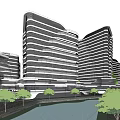 Modern High Rise Office Building Complex Featuring River Greenery And Roads 3d model