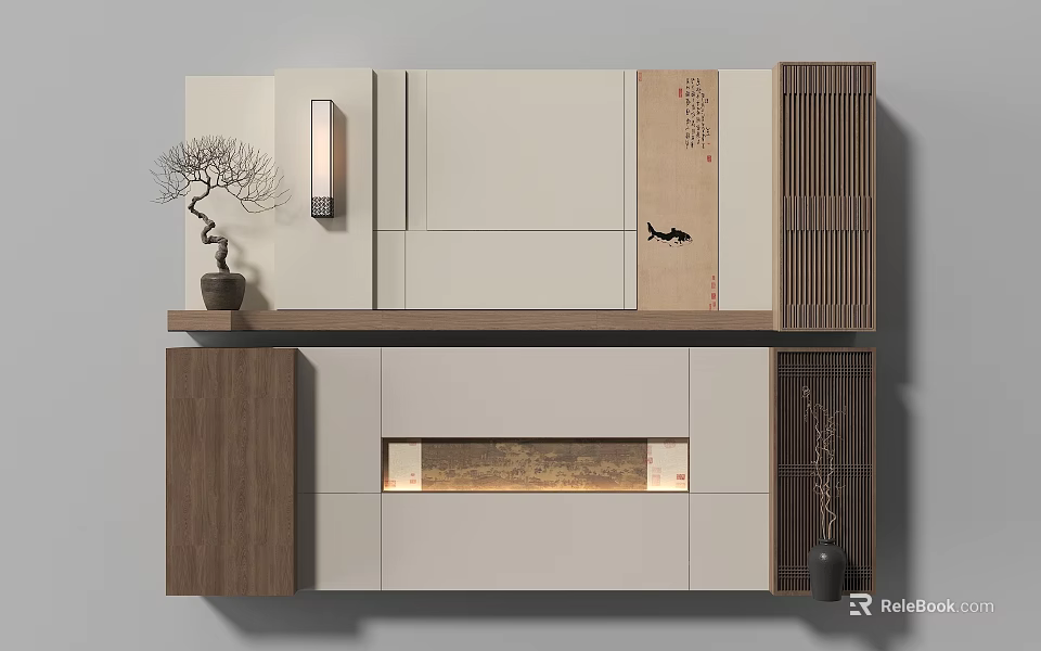 Traditional Chinese Background Wall Design With Wooden Lattice Calligraphy Scroll And Decorative Vase 3d model 