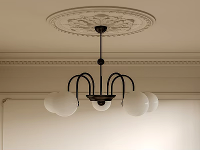 Classic Black Metal Chandelier With White Glass Globes And Decorative Ceiling Medallion 3d model
