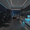 Modern Tech Gaming Room With Gaming Chairs Computer Setups Bunk Beds And Blue Purple Lighting