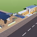 Modern Outdoor Public Space With Wooden Deck Blue Roof Building Water Area Greenery And Pedestrians